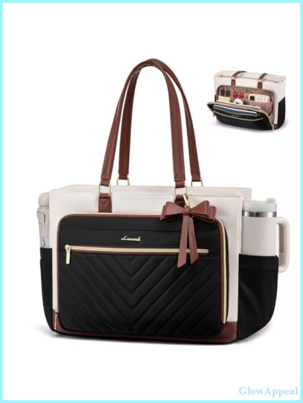 Large Laptop Tote Tote Bag with Cup Holder Multi-Pockets Quilted Polyester